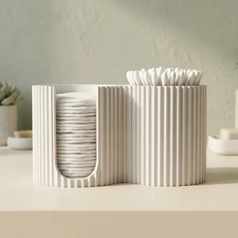 boîte rangement cotons tiges disques maquillage beige clair rayures verticales moderne minimaliste salon chambre