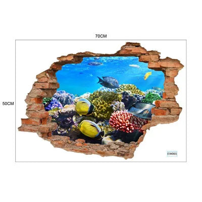 sticker mural 3d scène naturelle illusion optique adhésif multicolore coucher soleil océan planètes enfants