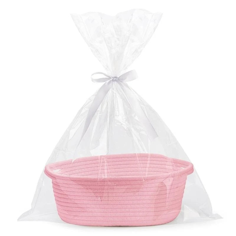 panier ovale tissé moderne rose bleu gris jaune poignées transparent sac