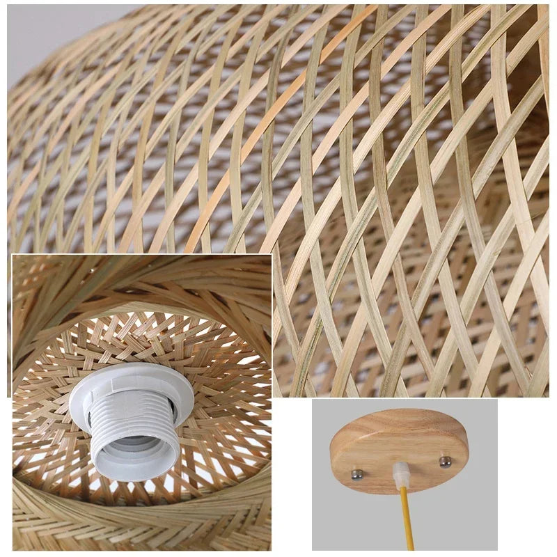 suspension lumineuse bois tressée moderne ampoule led câble électrique chambre salon