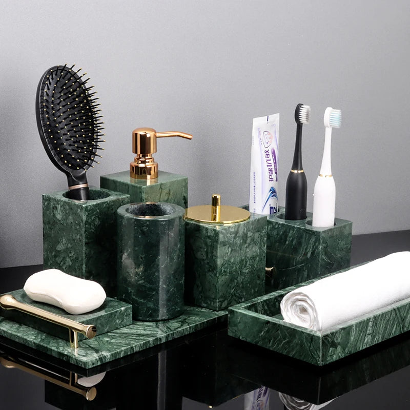 ensemble salle bain marbre vert doré distributeur savon porte brosse dents plateau rangement