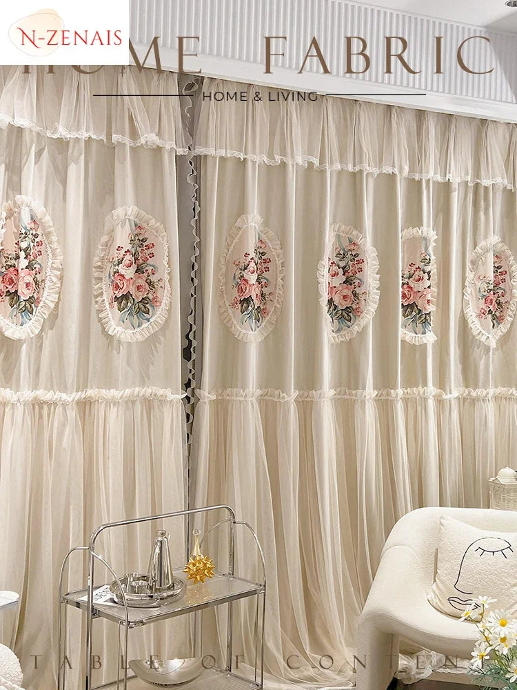 rideau fenêtre tulle brodé beige fleurs dentelle vintage romantique translucide salon chambre