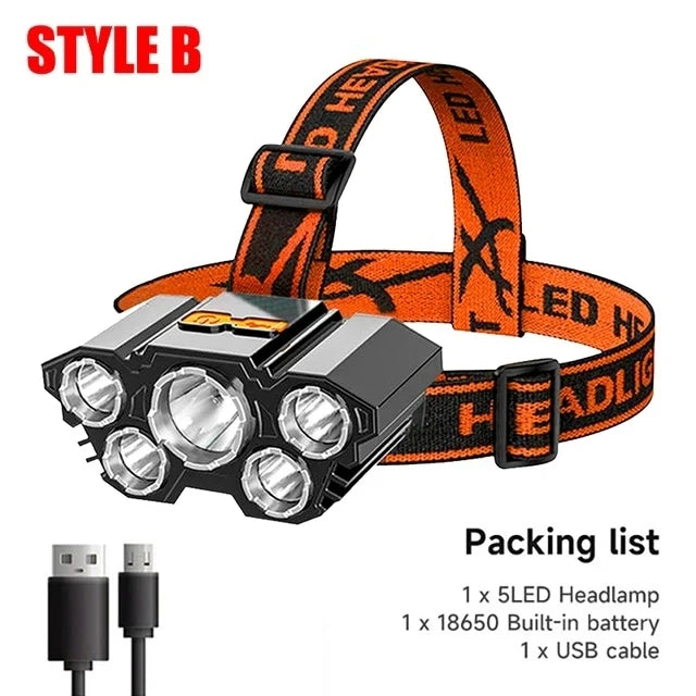 lampe frontale led rechargeable usb noir orange clip camping pêche chasse randonnée haute luminosité