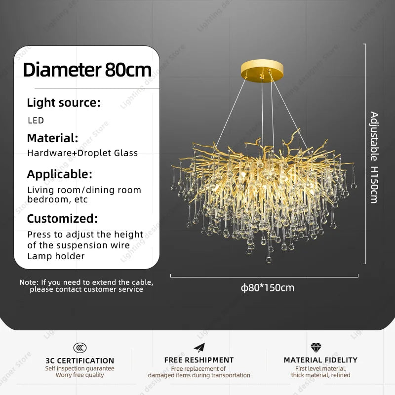lustre suspendu moderne or cristal transparent branché lumière neutre 4000k chambre salon