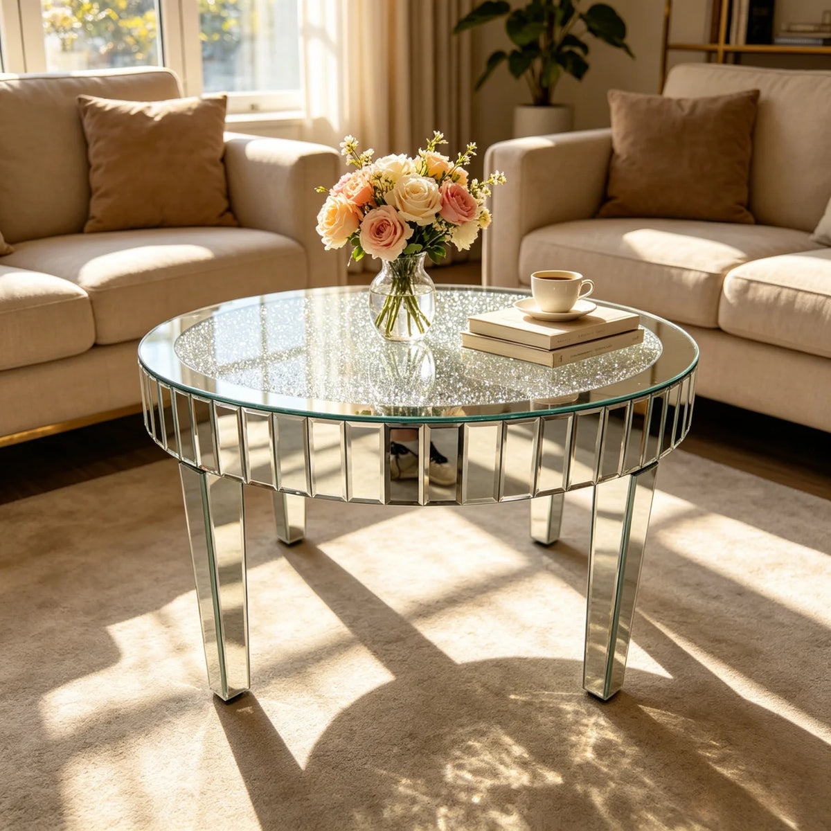 table basse ronde moderne transparente motifs cristal argentée chic salon chambre