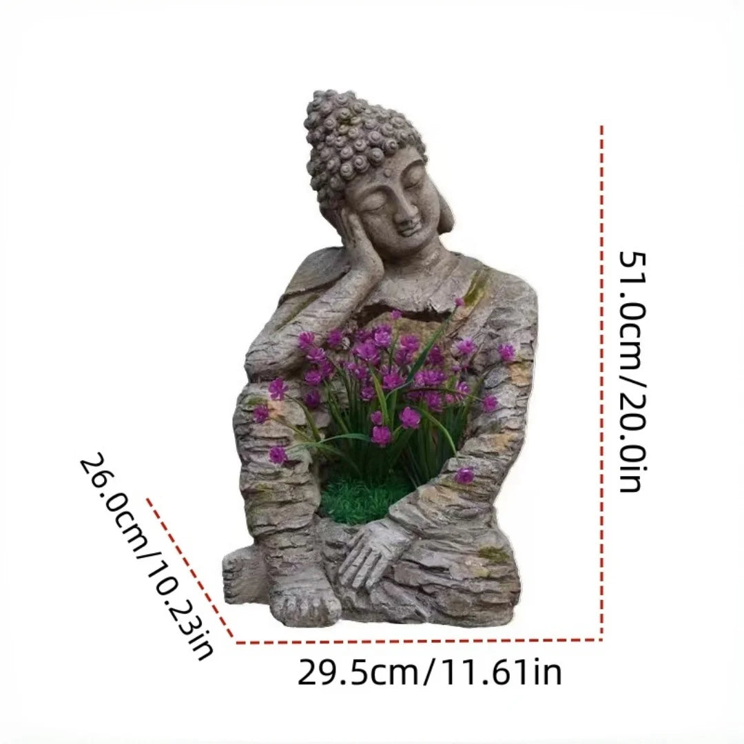 statue bouddha résine zen jardin extérieur pot fleurs gris imitation écorce méditatif verte violette