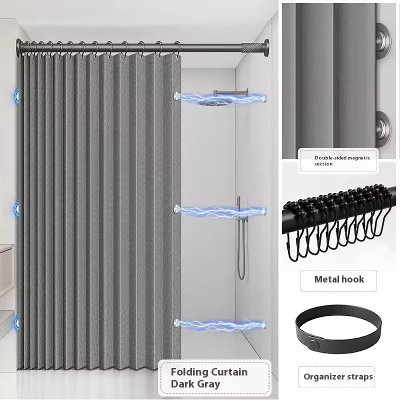 rideau douche pliable gris texture lin moderne magnétique hook strap imperméable