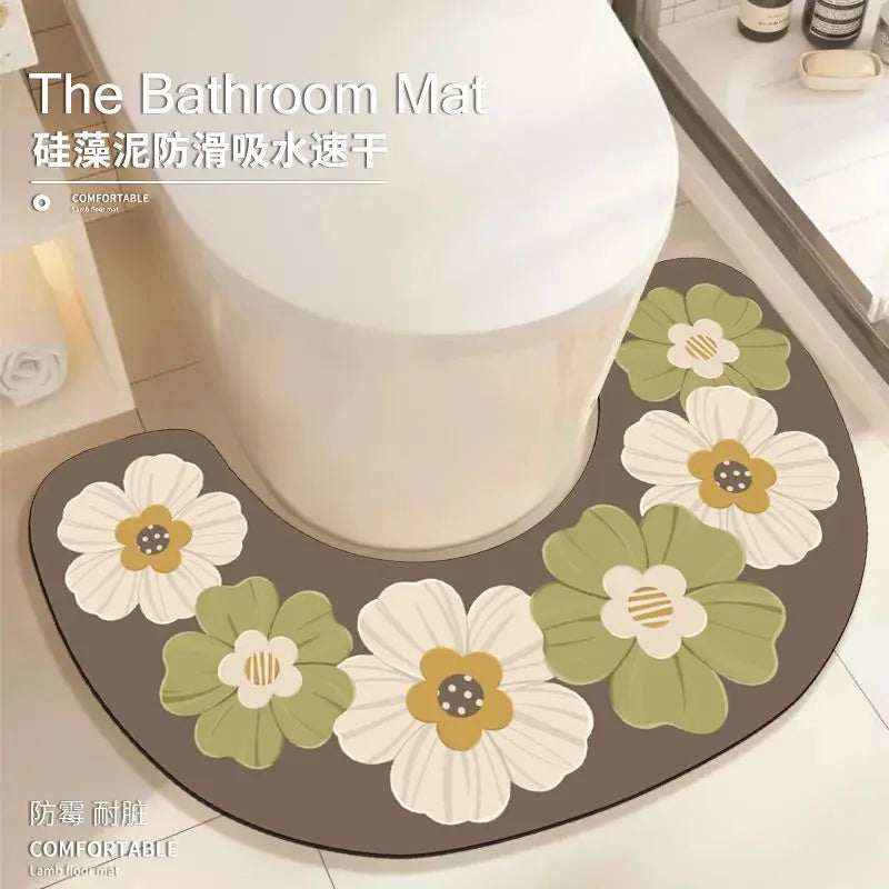 tapis bain moderne antidérapant motifs floraux gris foncé blanc vert jaune résistant corrosion