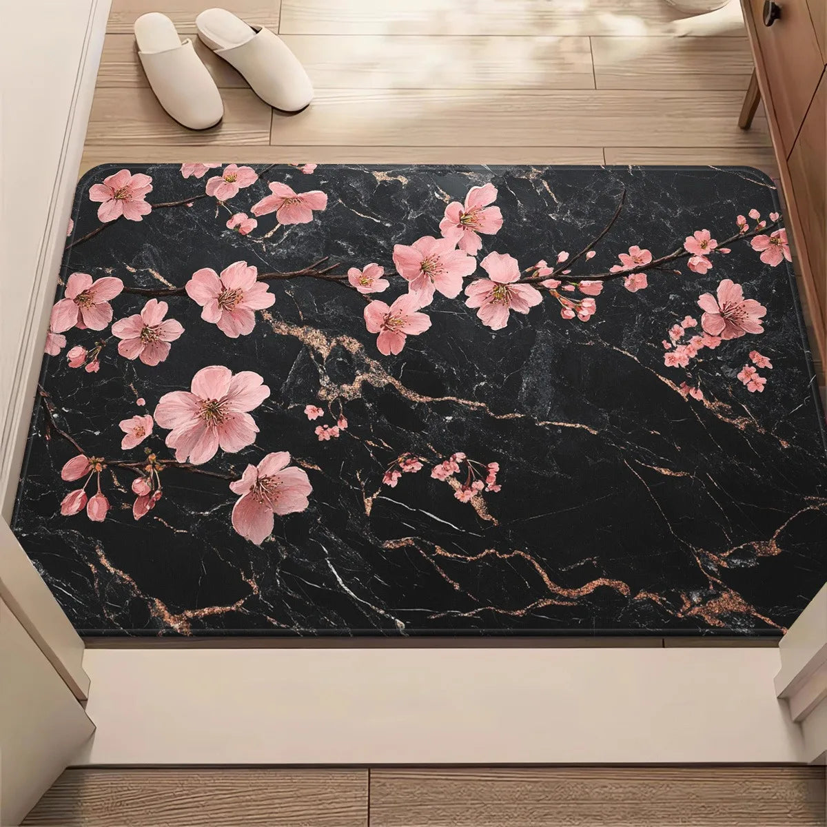tapis moderne fleurs cerisier marbre noir rose adhésif résistant rides polyester extérieur adultes