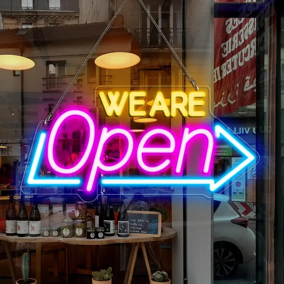 enseigne néon lumineuse WE ARE Open rose jaune bleu blanc moderne chaîne suspension câble