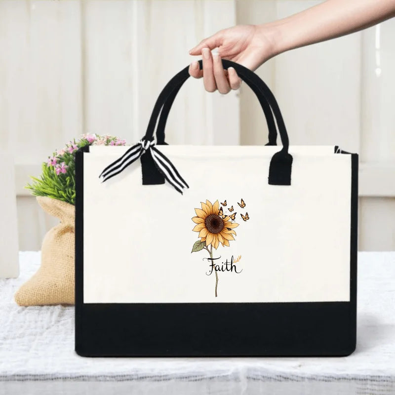 sac main toile fleurs tournesols papillons beige noir faith écologique réutilisable moderne élégant