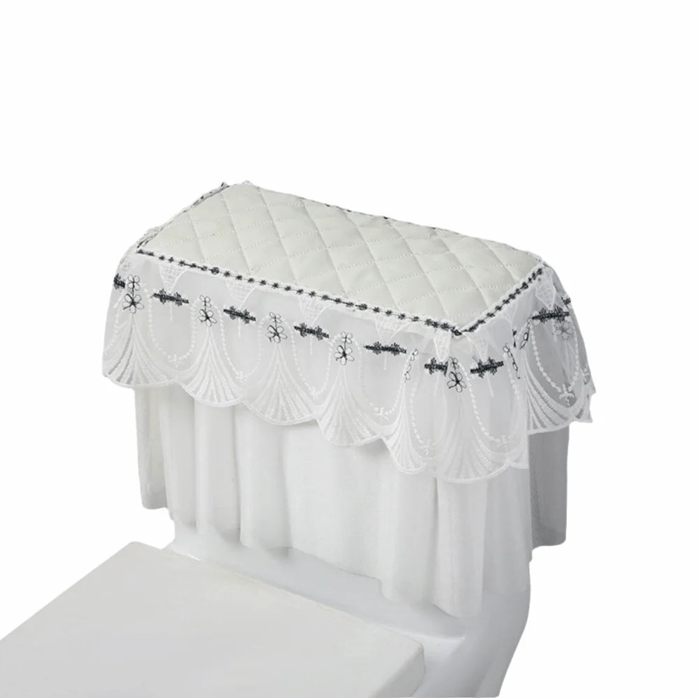 couvre seize toilette brodé bleu marine blanc élégant classique tissu épais plis franges