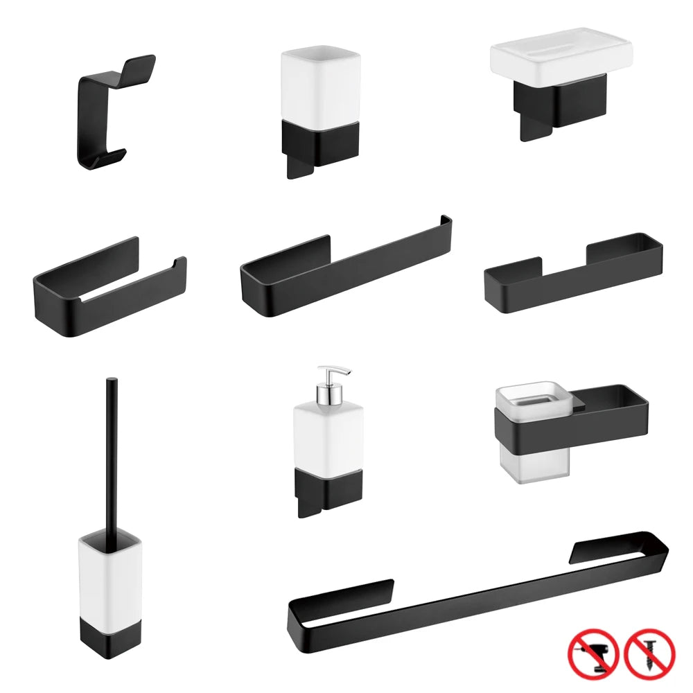 accessoires salle bain adhésifs modernes noir blanc papier toilette serviette brosse wc porte verre