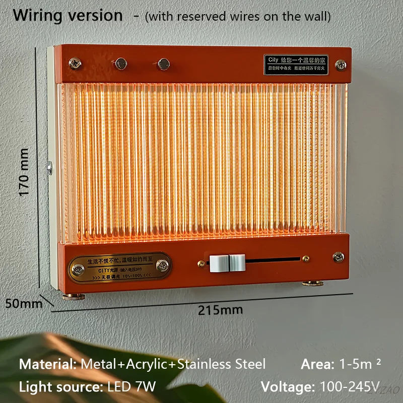 lampe led murale vintage orange rayures verticales interrupteur rotatif commande luminosité