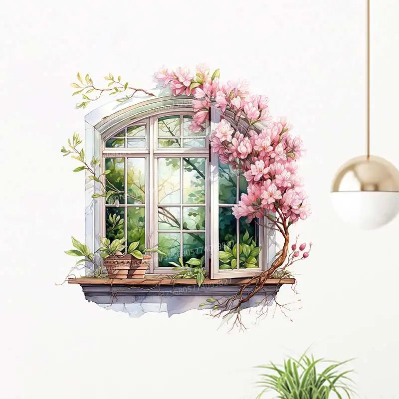 sticker mural fenêtre fleurs vases branches plante verte chambre salon restaurant pastoral réaliste adhésif