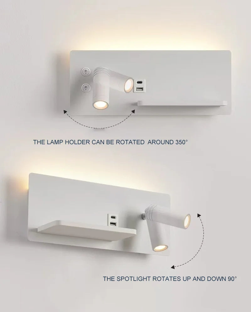 lampes murales led modernes usb rechargeable rotation 350° blanc noir