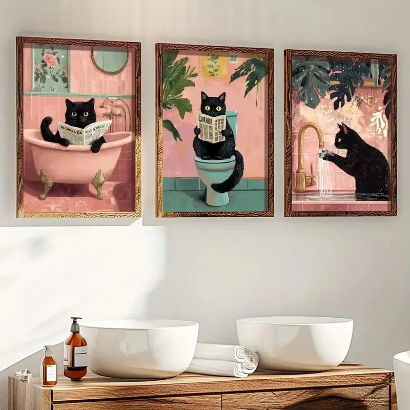 toile d'art moderne illustration chats noirs salle bain noir rose verte toile abstraite décoration