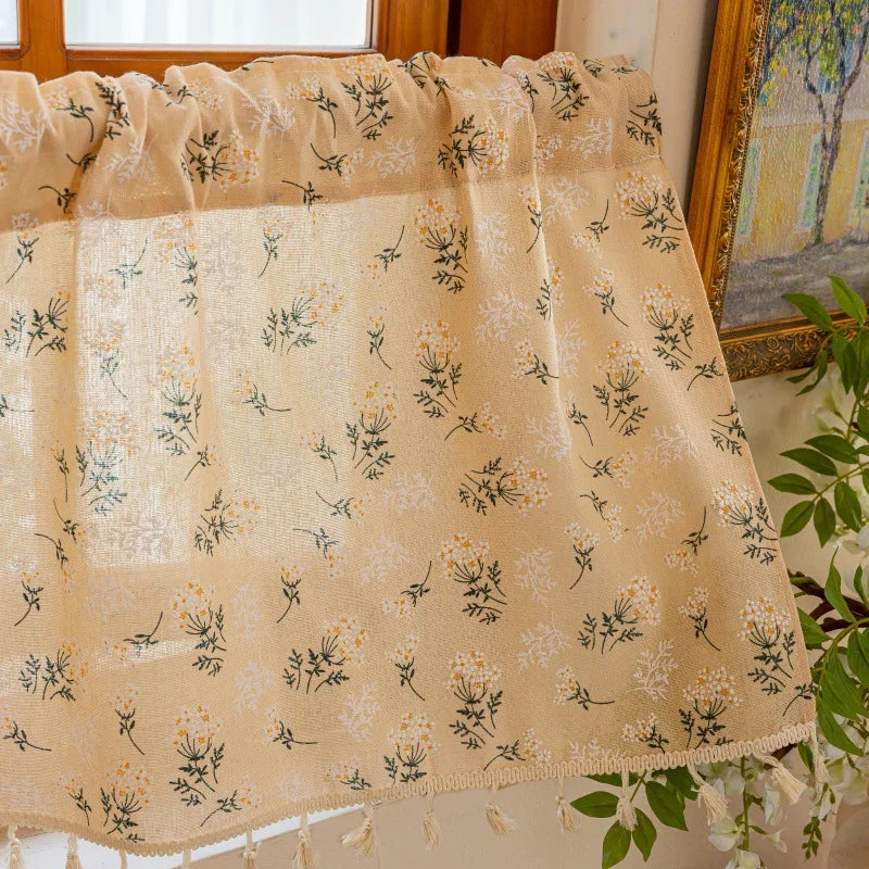rideau cuisine polyester feuilles fleurs tissé beige vert bleu blanc opacité classique rustique tassels
