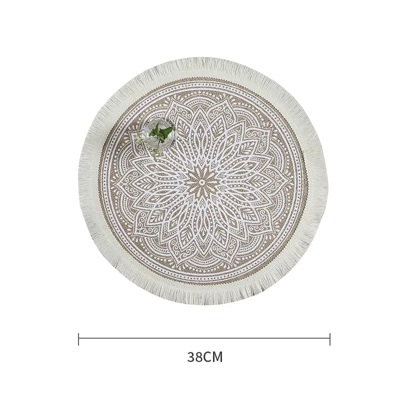 tapis rond boho chic motif floral franges beige clair salon chambre coucher moderne geometrique
