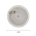 tapis rond boho chic motif floral franges beige clair salon chambre coucher moderne geometrique