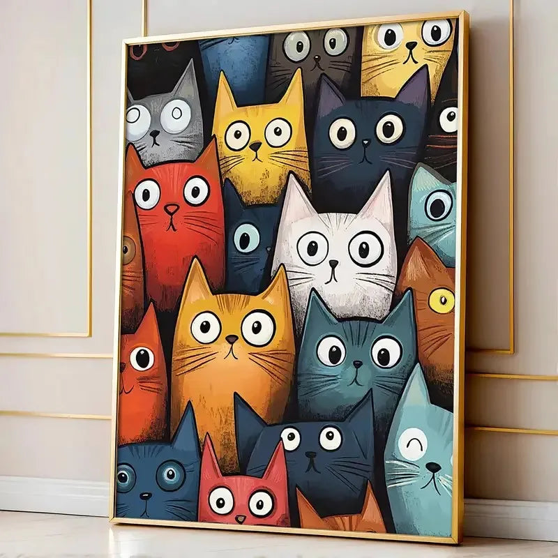 toile d'art moderne illustration chats yeux grands ouverts multicolore sans cadre doré