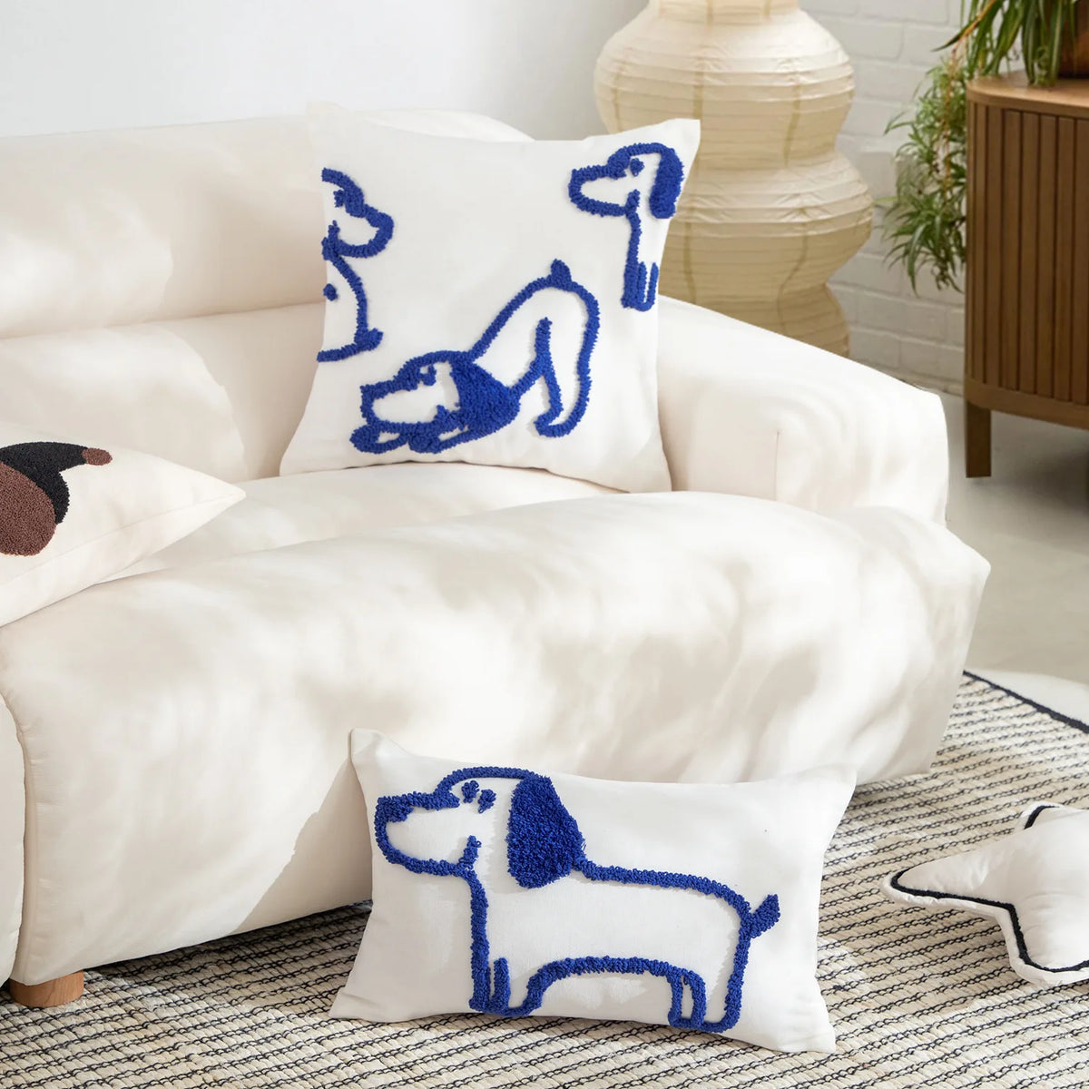 housse coussin brodée chien polyester blanc bleu motif relief moderne décontracté canapé lit decoration
