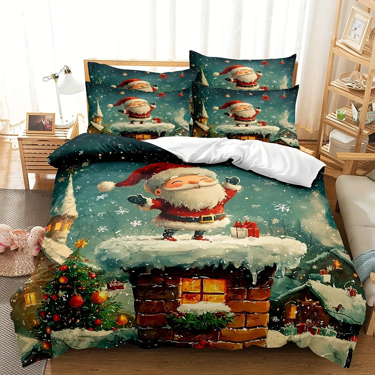 ensemble literie thème noël santa claus flocons neige vert blanc rouge