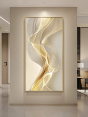 tableau decoratif moderne minimaliste abstrait lignes ondulees beige blanc or lumineux chambre salon