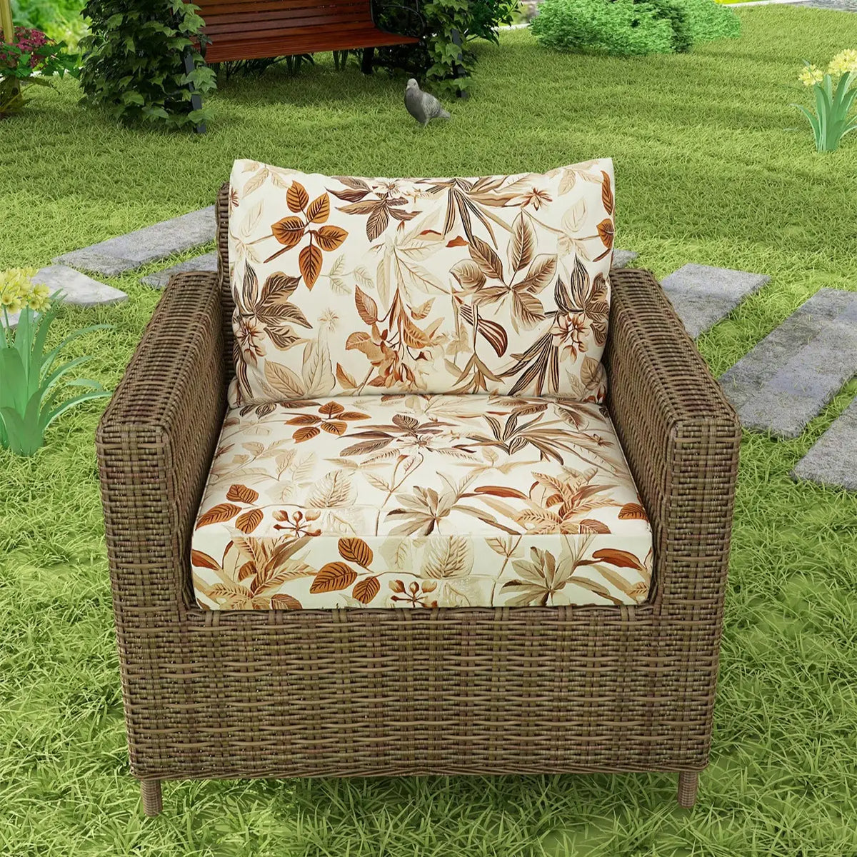 coussin canapé extérieur feuilles tropicales blanc vert orange rose moderne