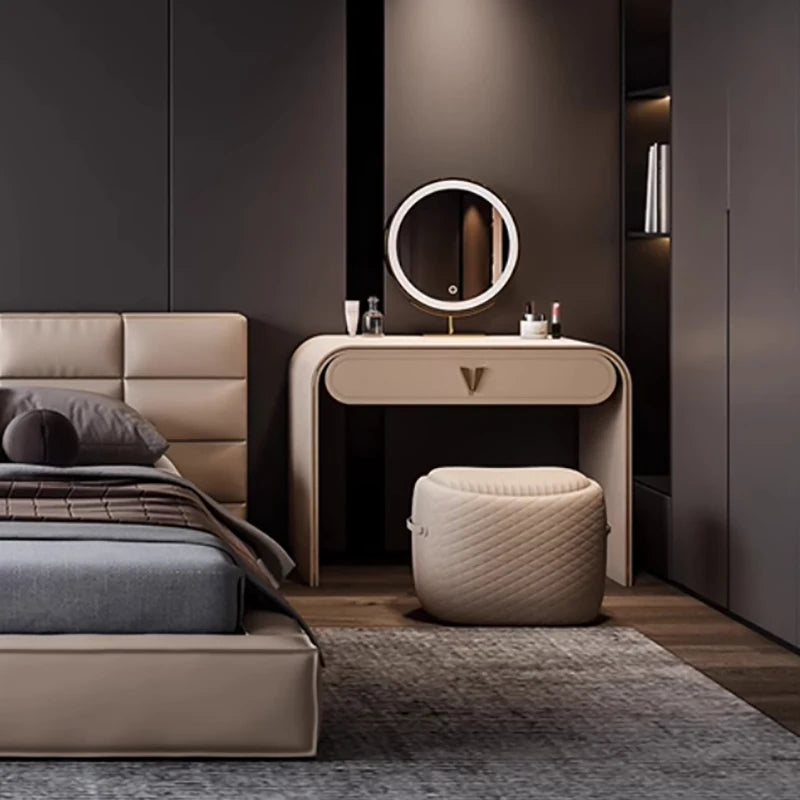 coiffeuse moderne maquillage miroir lumineux tabouret compartiments tiroirs étagère arrière beigeclair minimaliste