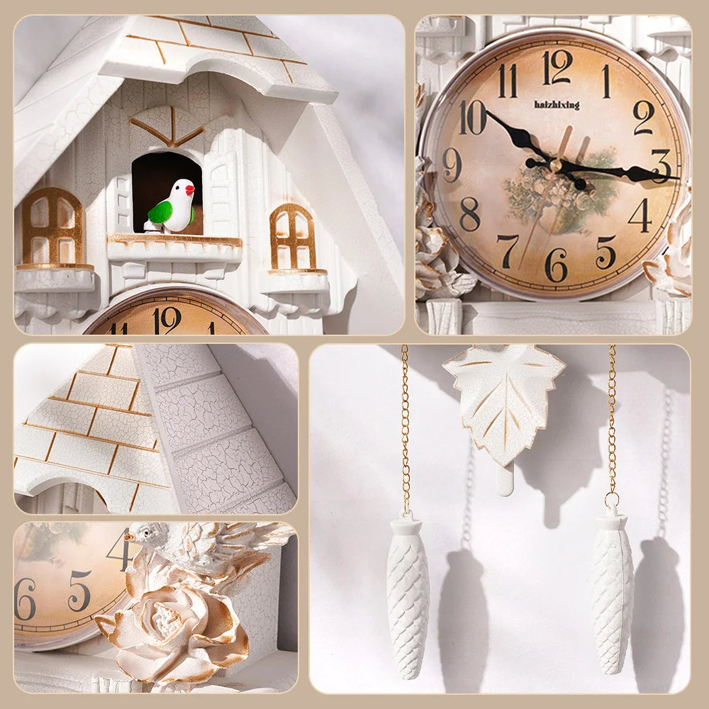 horloge murale classique château oiseaux feuilles fenêtres salon blanc