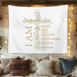 tapisserie murale boho chic versets religieux fleurs feuilles blanc doré roseclair bleuclair beige