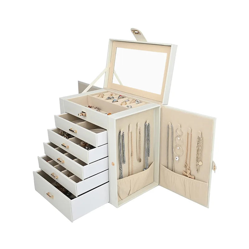 boîte bijoux simili cuir moderne noir rose blanc poignées métalliques rangements multiples velours intérieur