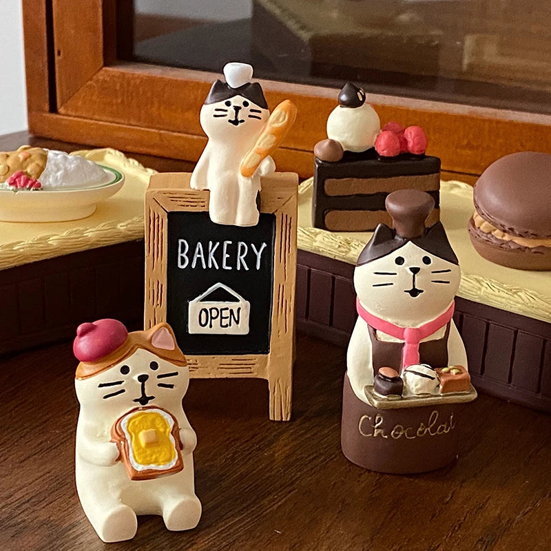 figurine animale kawaii résine blanc marron noir rose gris chapeau ruban bakery open chocolate