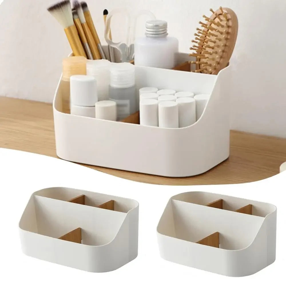 organisateur rangement blanc minimaliste compartiments cosmétiques maquillage bureautique multifonctionnels transparents modernes