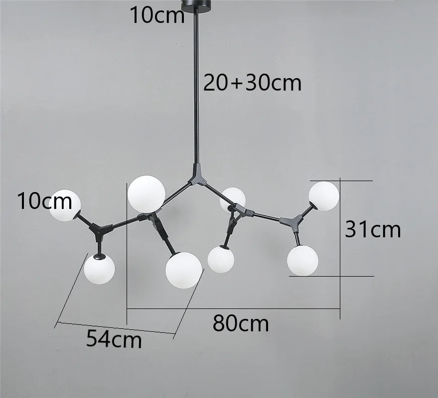 suspension lumineuse moderne scandinave noir sphères translucides ampoules led branchettes structure métallique