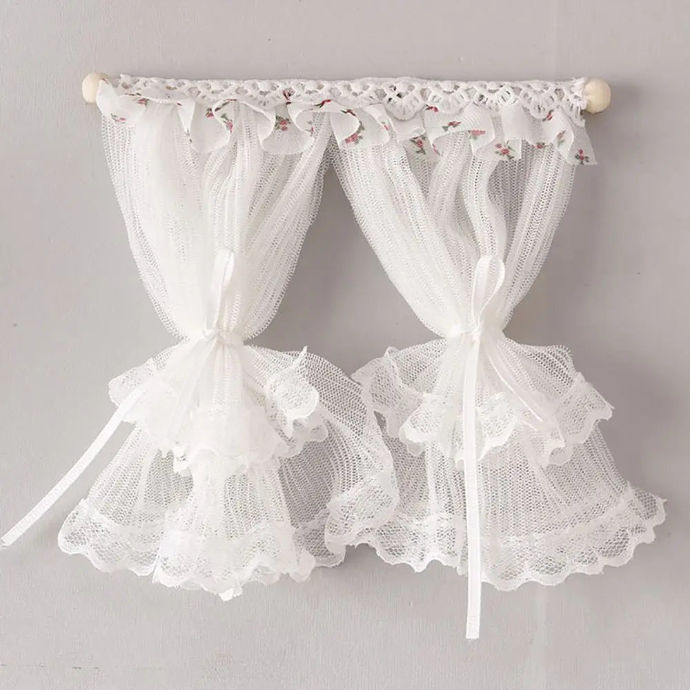 rideau dentelle blanc plissé transparent classique romantique rubans décoratifs accessoire poupée miniature