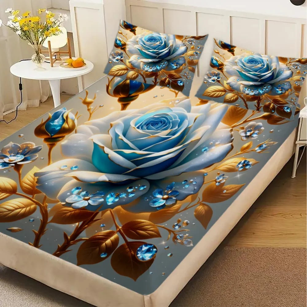 drap housse bleu roses dorées strass lit simple double queen king decoration chambre floral