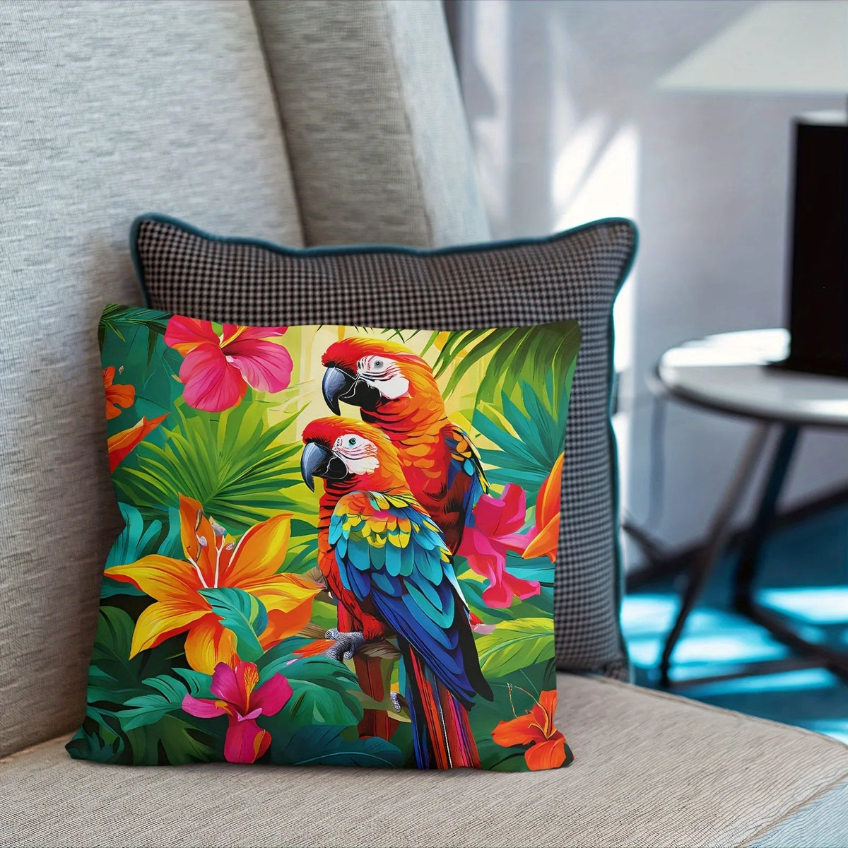 taies d'oreiller motif tropical perroquets fleurs multicolores moderne polyester 45x45cm zipper closure