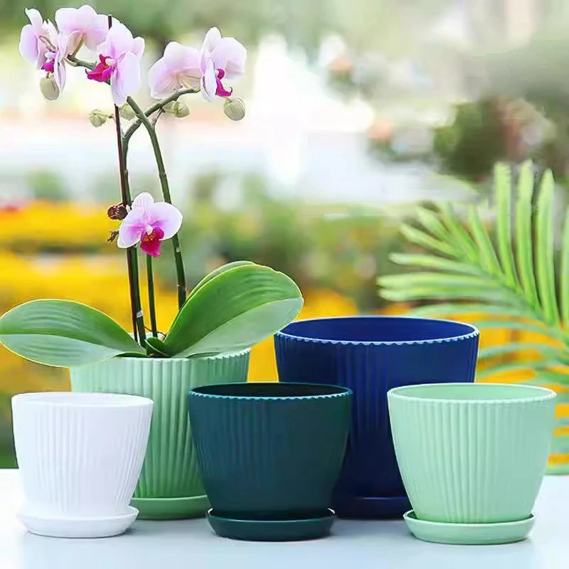 Pots fleurs plastique rayures verticales moderne plateau support vert blanc bleu diverse tailles