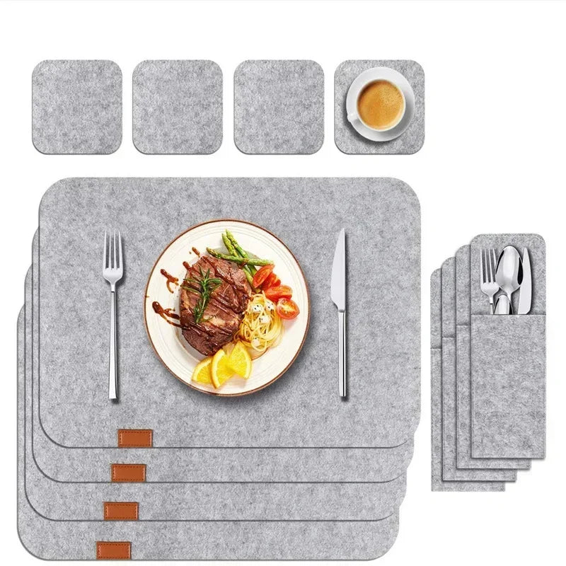 tapis table gris moderne adhésif ensemble vaisselle cuillères fourchettes couteaux assiettes tasses bol vin