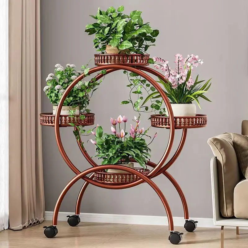 meuble plantes moderne blanc marron doré ajouré barreaux verticaux roulette grille bord relevé