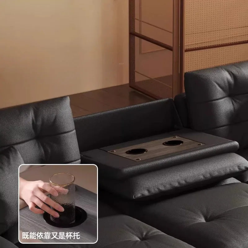 canapé d'angle moderne simili cuir noir confortable électrique tablette double verres adultes