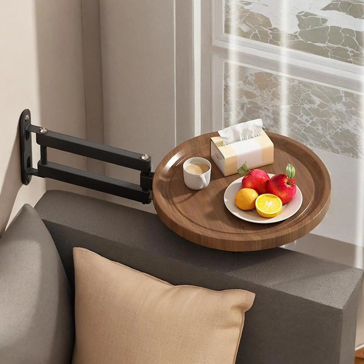 table pliable murale moderne bois métal plateau rond minimaliste dimension 30cm