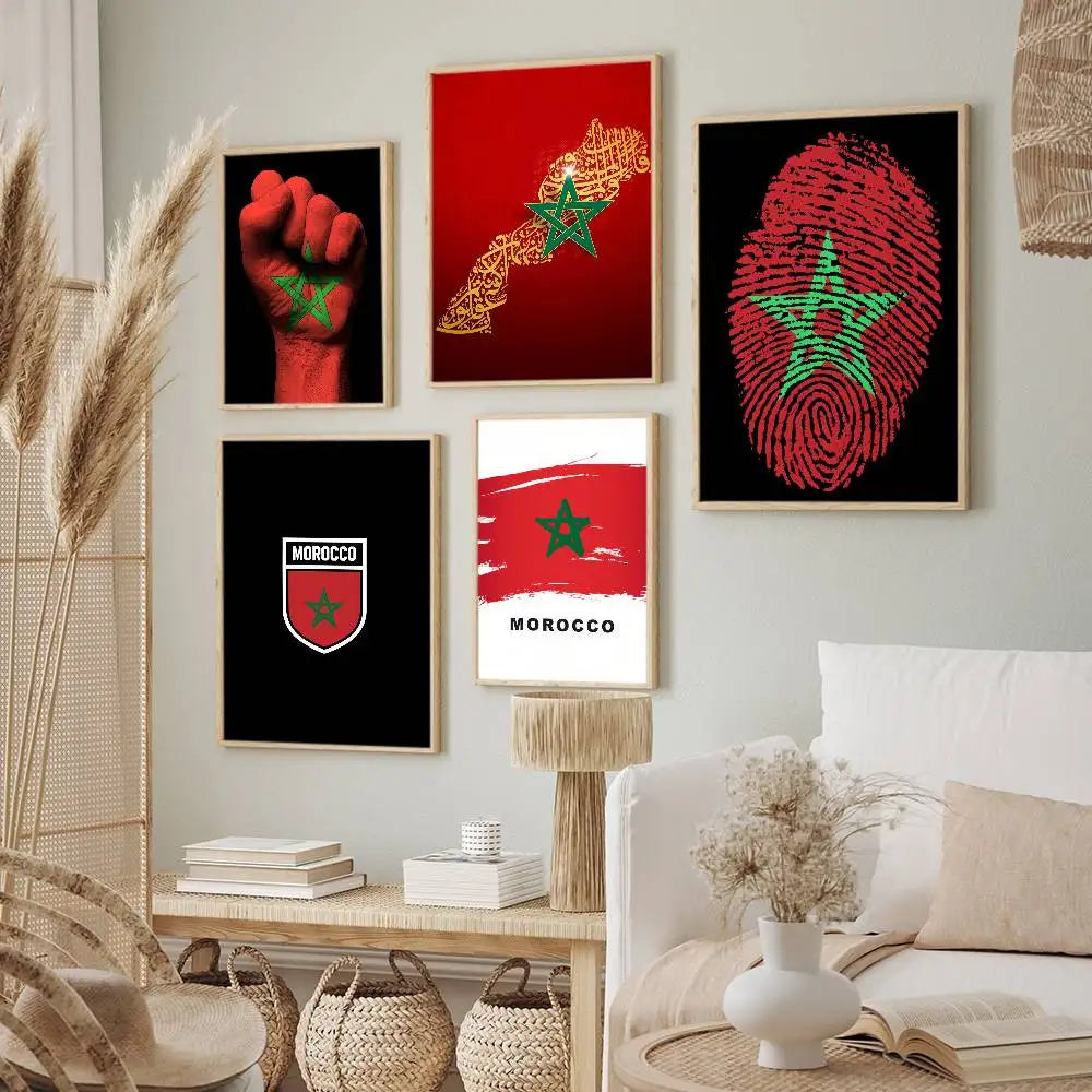 affiche murale drapeau marocain cadre bois décoration salon chambre moderne rouge vert noir