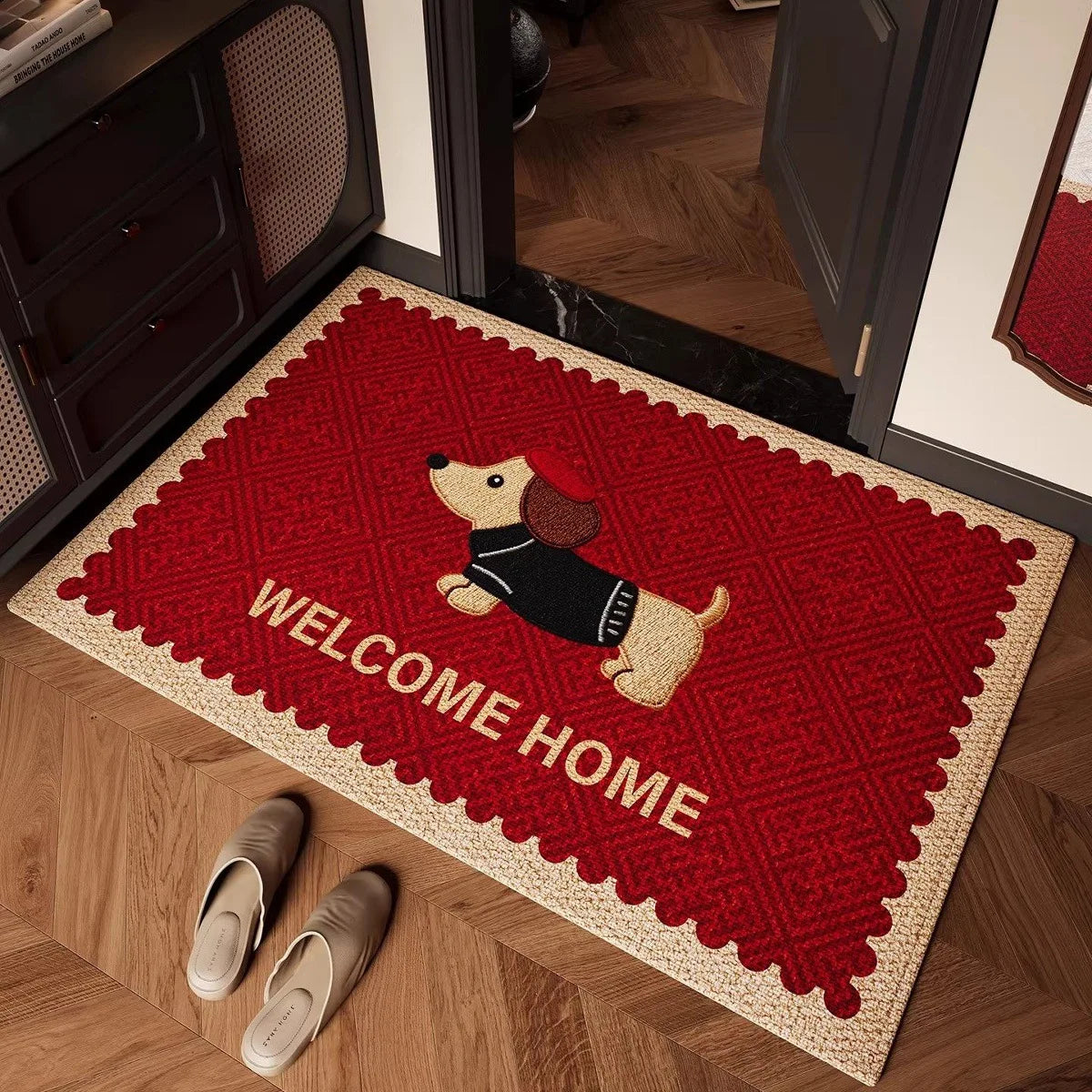tapis d'entrée rouge beige motif géométrique antidérapant résistant décoloration 30x50cm 40x60cm 50x80cm bienvenue maison