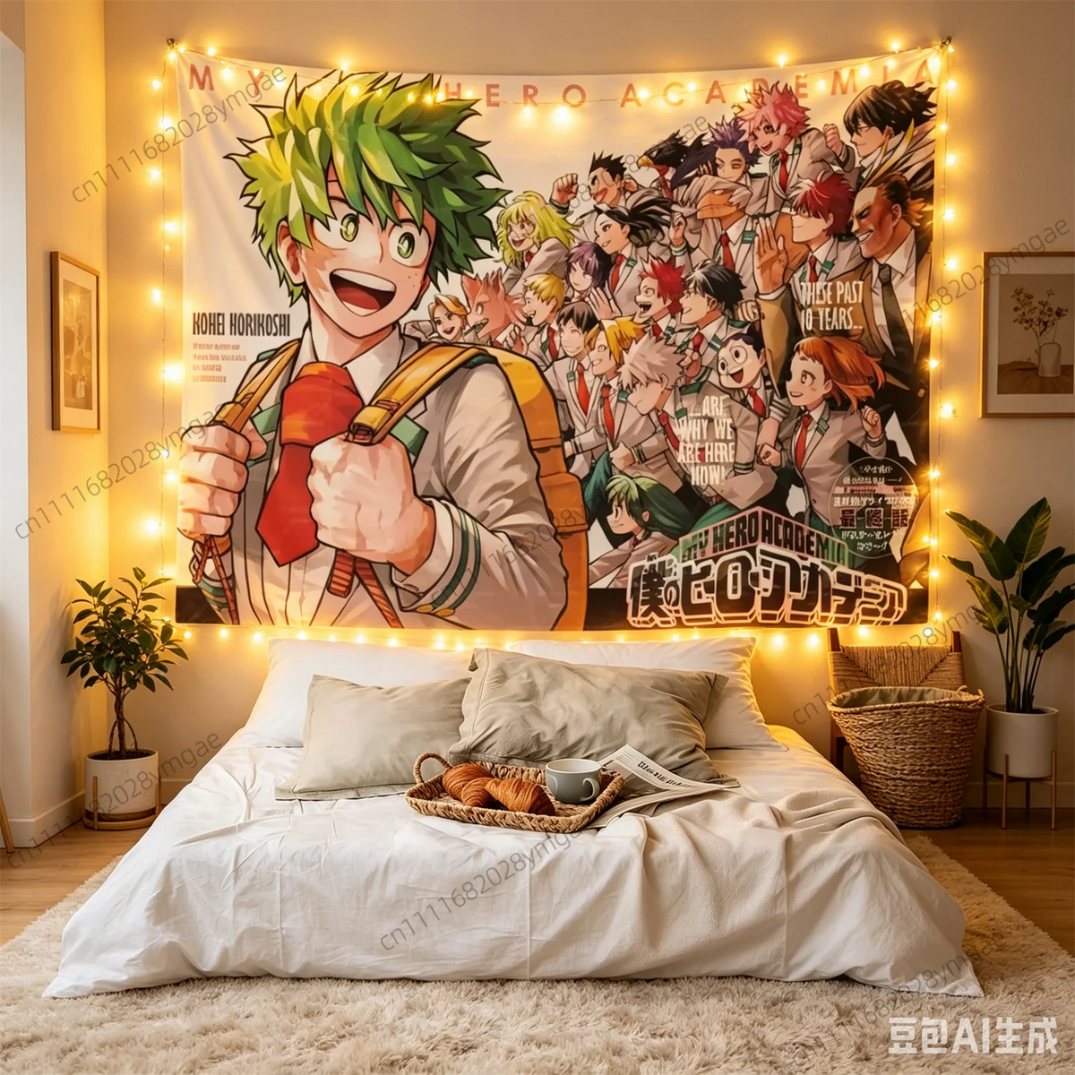 tapisserie murale my hero academia multicolore personnages animés décoration chambre illustration texturée verte blanche