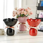 vase céramique moderne rouge vert rose décoratif ruban fleurs artificielles