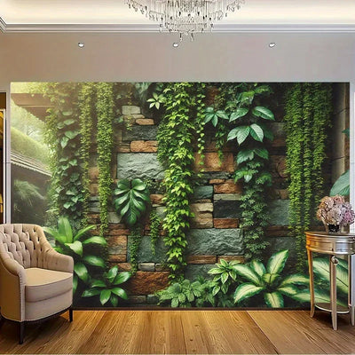 Décoration murale en pierre naturelle et rotin vert pour salon