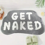 tapis bain antidérapant lettres GET NAKED peluche moderne noir gris rose